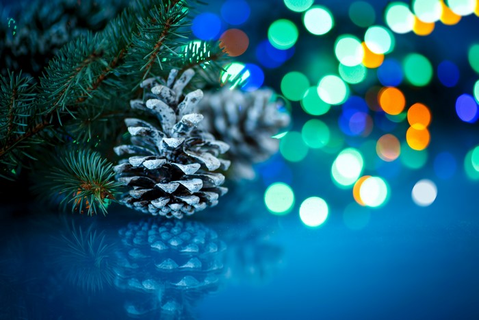 Christmas Pine Cones and Branches with Bokeh Lights