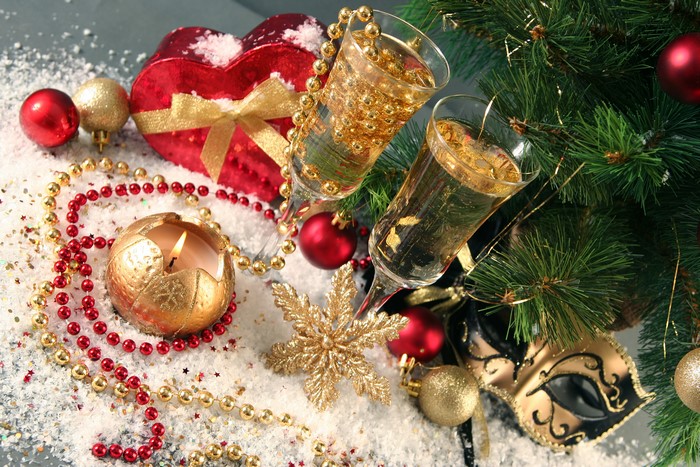 Christmas still life with champagne and gifts