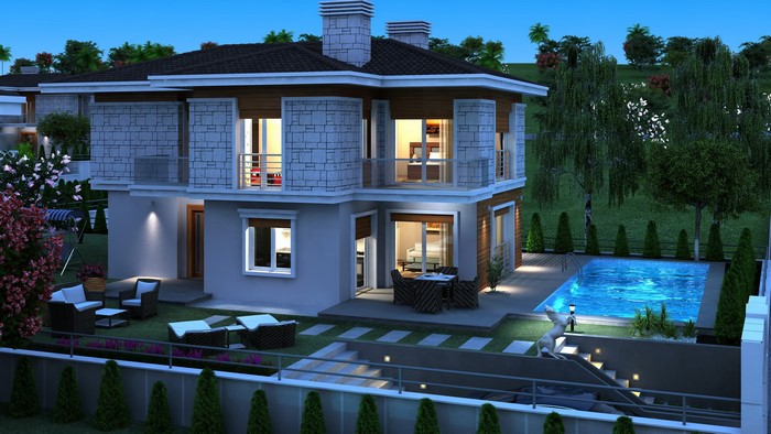 Modern Houses with Pool at Night