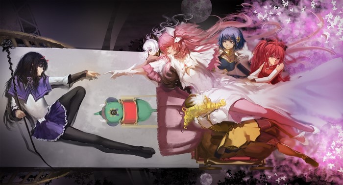 Mahou Shoujo Madoka Magica characters in a divine scene