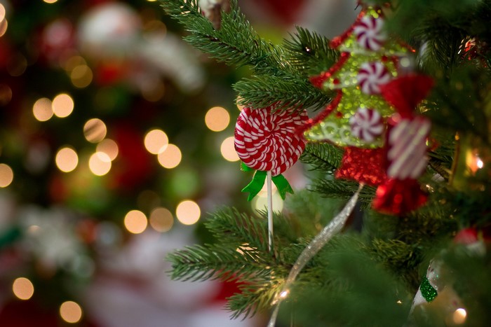 Christmas tree with candy ornaments and lights