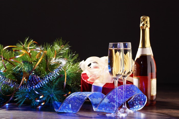 Champagne, Christmas Tree, Gift, and Ribbon