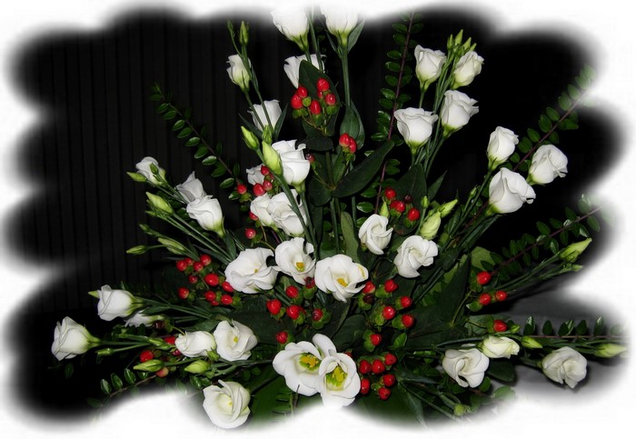 White Eustoma Flowers with Red Berries