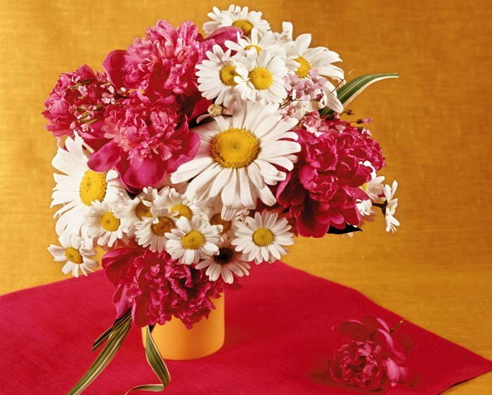 Bouquet of Peonies and Daisies in a Yellow Vase