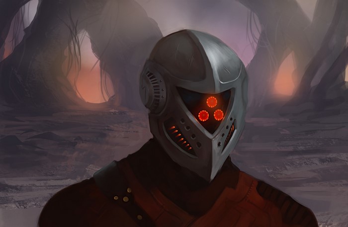 Warrior in a sci-fi helmet