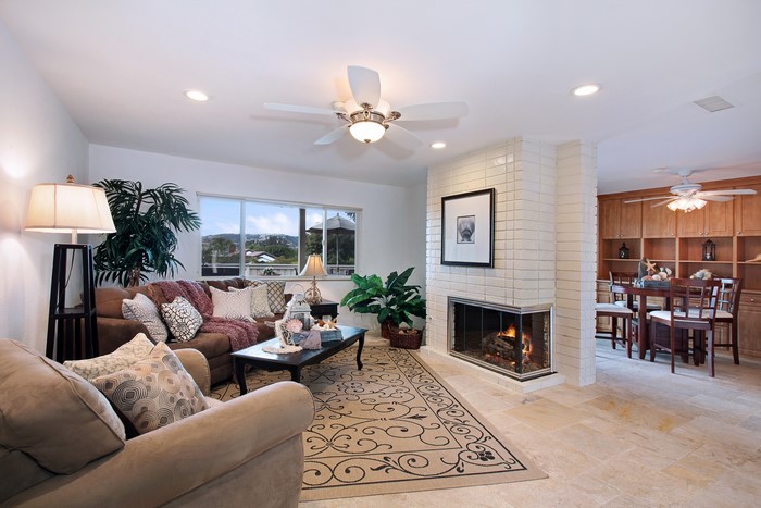 Living room with sofa and fireplace