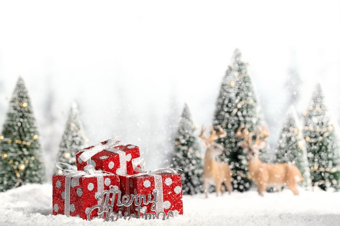 Christmas gifts and trees in the snow