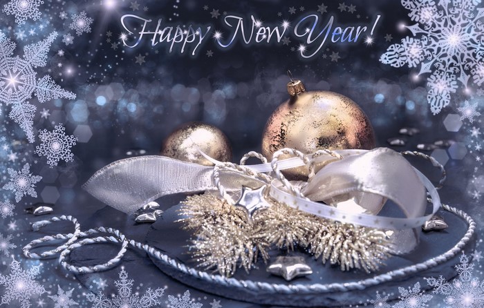 Happy New Year! Christmas Ornaments and Snowflakes