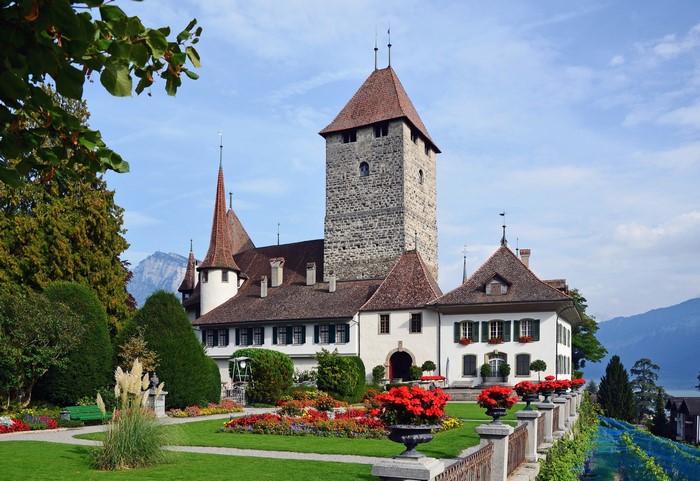 Spiez Castle with garden and lake in Switzerland
