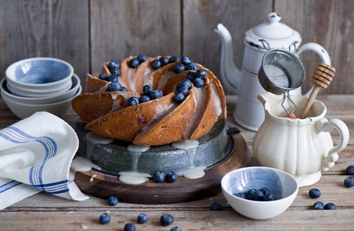 Bundt cake with blueberries and glaze