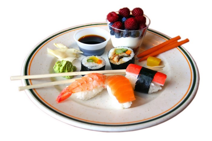 Sushi plate with berries and yogurt