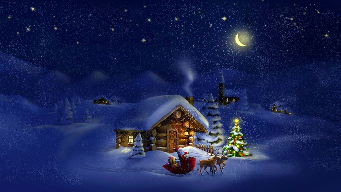Santa Claus in Sleigh with Reindeer on Christmas Eve