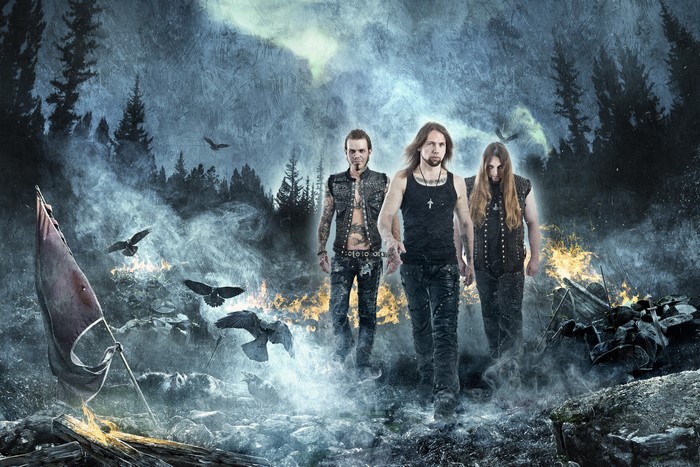 Three men in a dark, smoky forest with crows