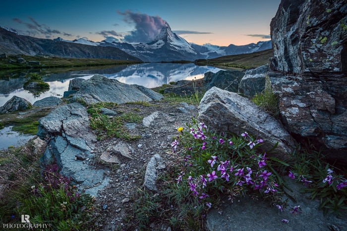 Matterhorn reflected in a mountain lake at dusk