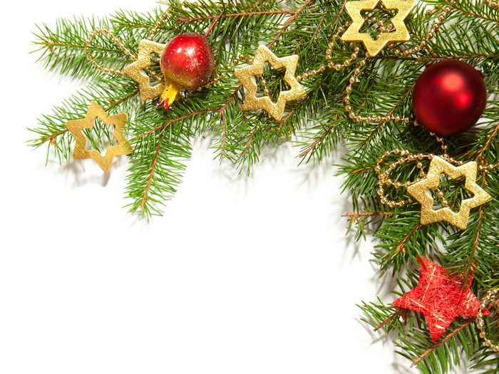 Christmas tree branches with ornaments and beads