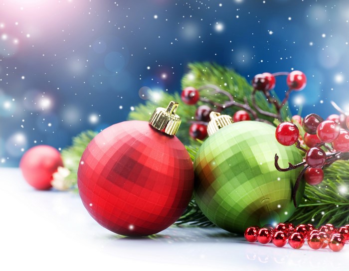 Christmas Ornaments and Pine Branch with Berries