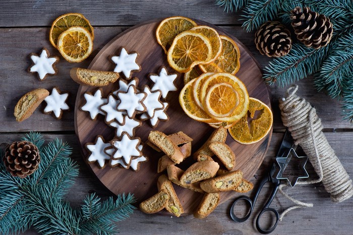 Christmas cookies, dried oranges, pine cones, and fir branches