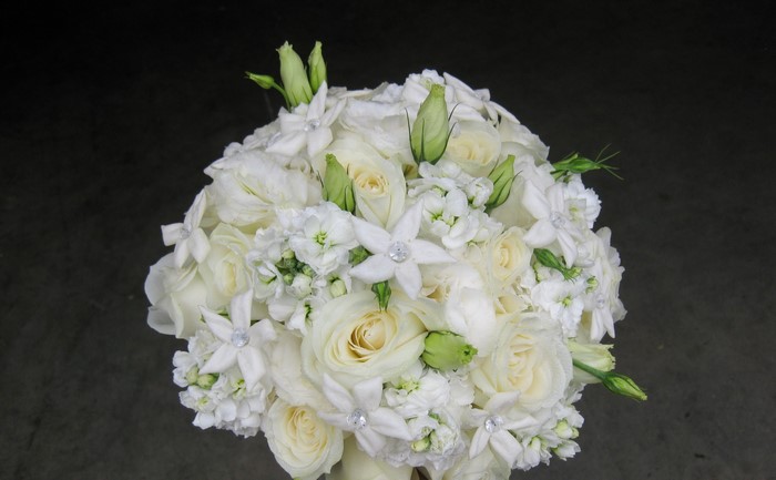White rose and eustoma bouquet with diamond accents
