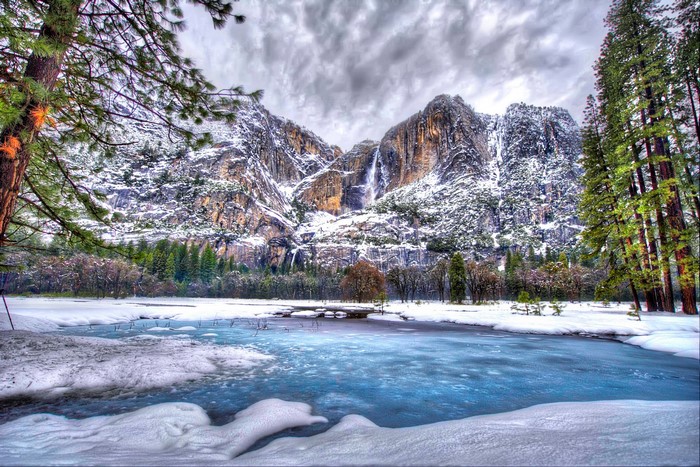 Yosemite National Park in Winter with Mountains and Frozen Lake