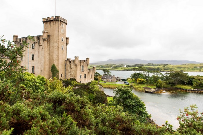 Dunvegan Castle on a river in Scotland