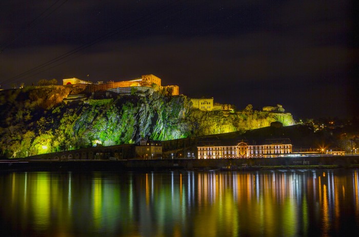 Fortress Ehrenbreitstein and Rhine River at Night, Koblenz, Germany