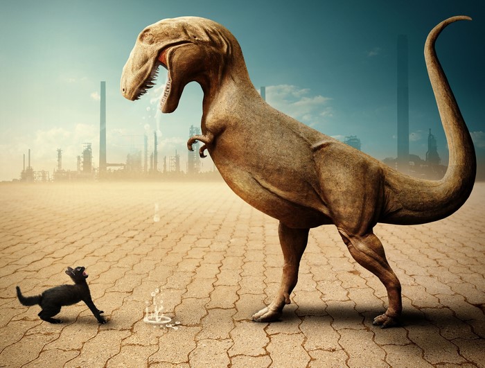Dinosaur and cat in industrial wasteland