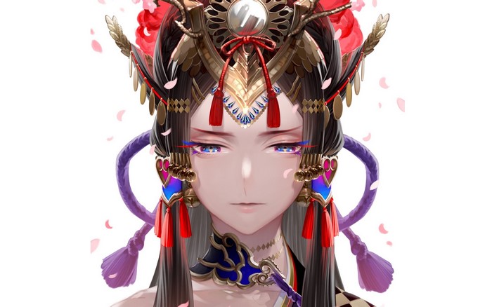 Anime woman with elaborate headdress and makeup