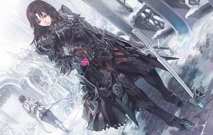 Woman in black armor with rose and sword