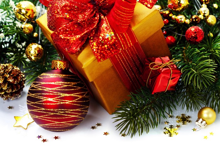 Christmas ornaments and gifts with pine branches