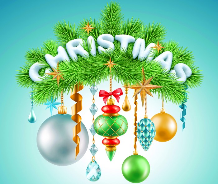 Christmas Fir Branches with Ornaments and Text