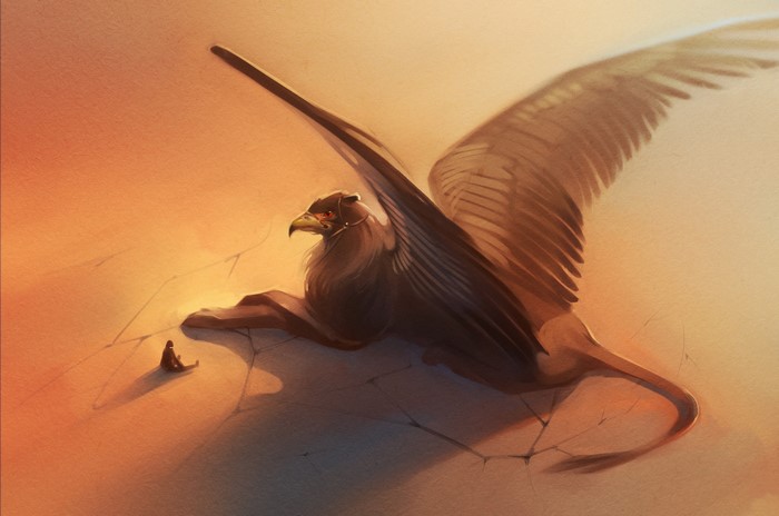 A gryphon rests near a seated person on cracked ground