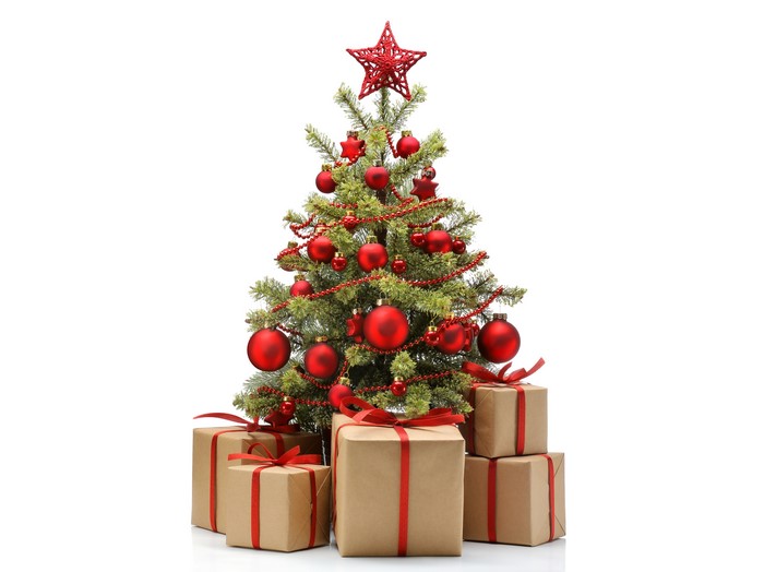 Christmas tree with red ornaments and gifts