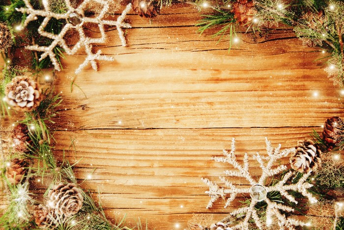 Christmas Pine Cones and Snowflakes on Wood