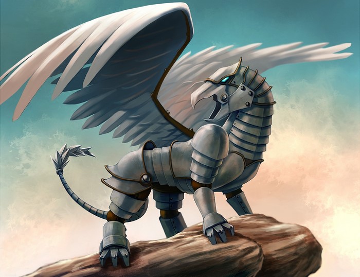 Mechanical Gryphon with White Wings on a Rock