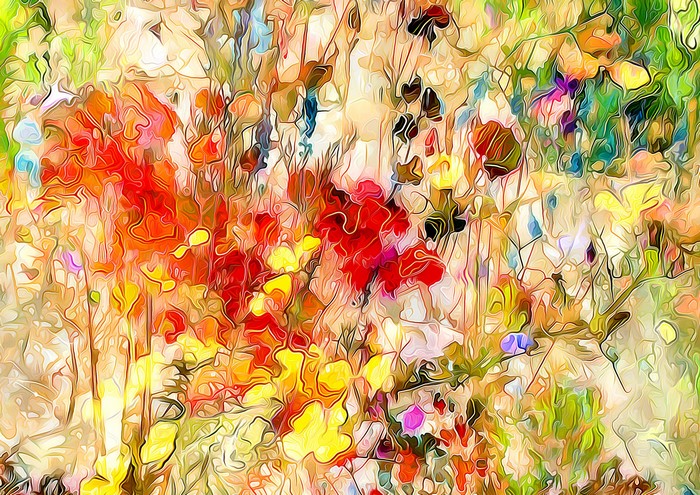 Abstract floral painting with red and yellow flowers