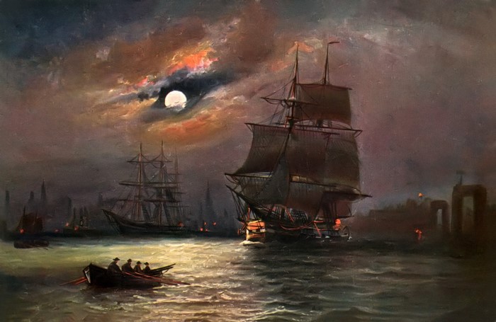 Alfred Jansen painting of ships at sea under the moon