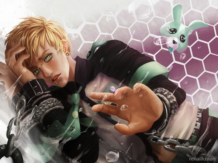 Young man with chains and a bunny character