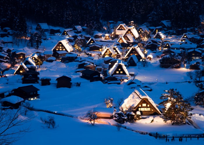Shirakawa-go village at night in winter