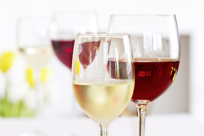 Wine glasses with red and white wine