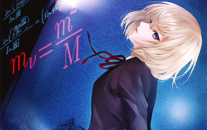 Blonde girl in a suit looking up at equations