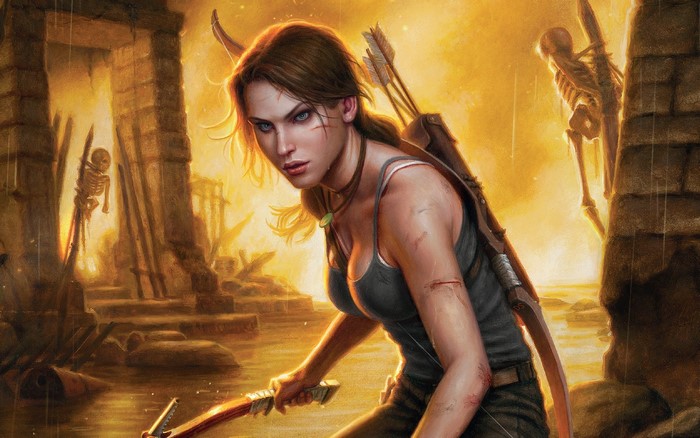 Lara Croft from Tomb Raider with a bow and arrows
