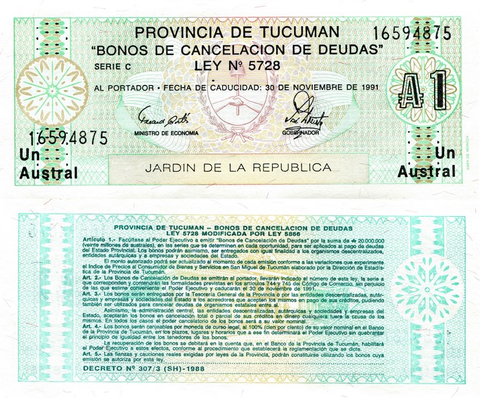 Provincia de Tucuman 1 Austral Bonos de Cancelacion de Deudas