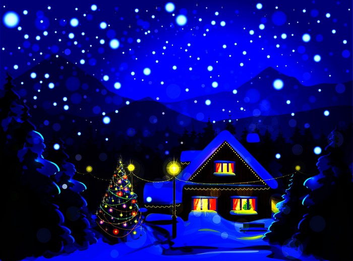 Christmas night with a decorated tree and a house