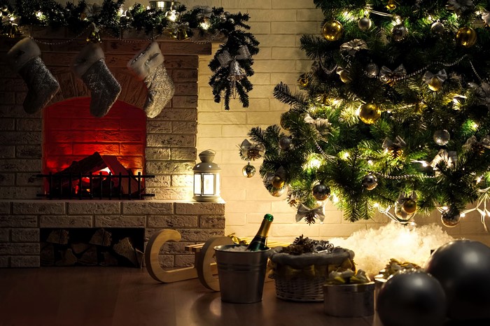 Christmas tree and fireplace with stockings