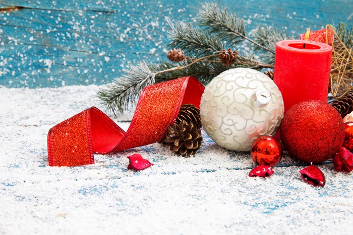 Christmas Decorations with Snow and Candle