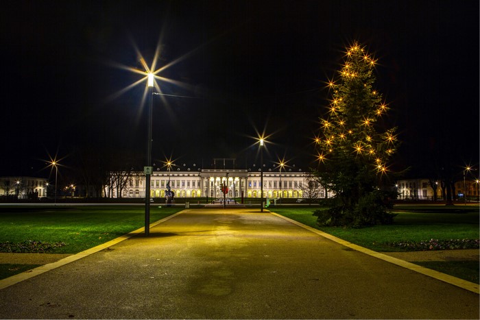 Christmas tree and street lights in Koblenz, Germany at night