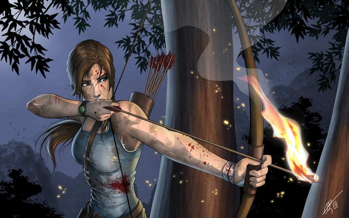 Lara Croft from Tomb Raider with flaming arrow