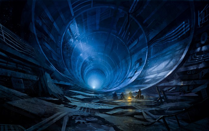 Group of people in a futuristic tunnel