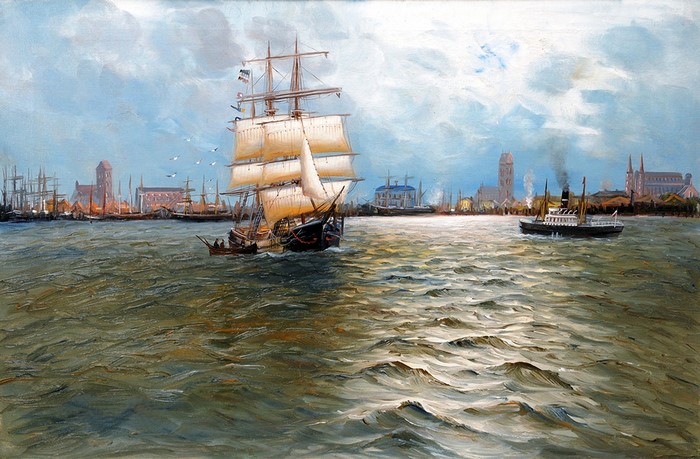 Sailing Ship and Steamboat in a Harbor by Alfred Jansen