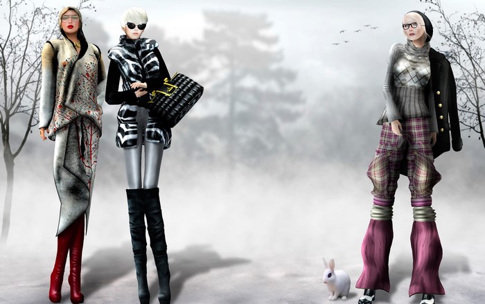 Three fashion models in winter attire with a rabbit